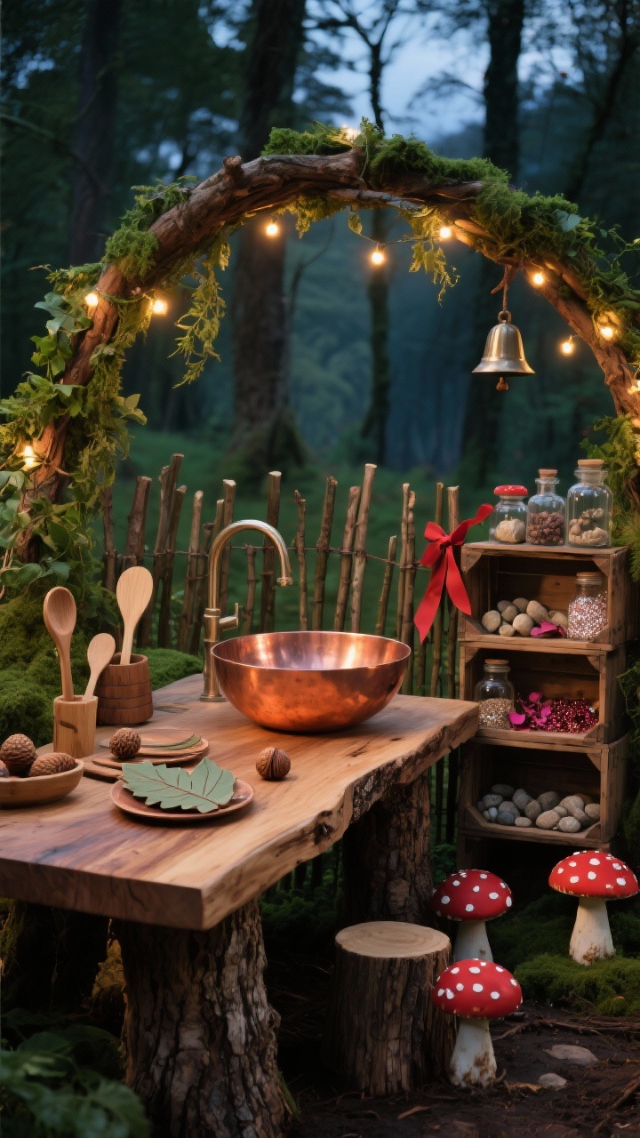 Atmospheric medium shot under a branch arch wrapped with faux ivy and warm twinkle lights at dusk, showcasing an enchanted woodland mud kitchen: live-edge slab counter on stump legs with a glowing copper bowl sink, vertical stick fencing backdrop, miniature mushroom stools tucked in, cedar crate tower filled with potion jars of pebbles, petals, and glittery sand; palette of moss green, bark brown, copper, and berry red accents; include wooden ladles, acorn scoops, leaf-shaped plates, and a ribboned bell; moody evening lighting, eye-level angle.