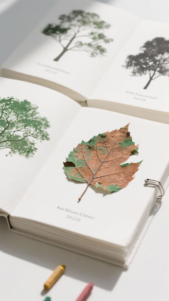Closeup, straight-on: A spread of white paper pages with leaf rubbings made from peeled crayons, veiny patterns in green, rust, and charcoal tones; each labeled with location, tree type, and date; a small stack stapled into a booklet; soft natural daylight bringing out paper texture and crayon wax sheen.