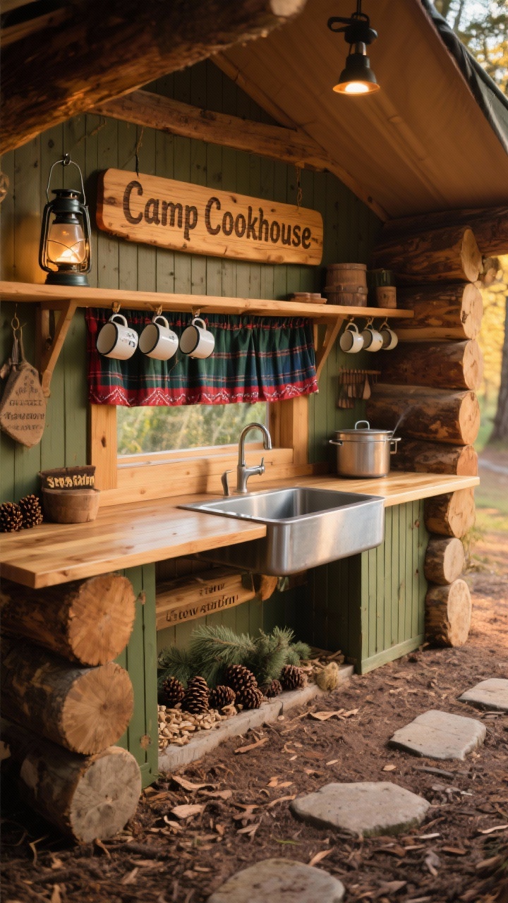 Cozy medium shot of a camp cabin mud kitchen with chunky log posts at the corners, a slatted pine counter, and a deep rectangular steel sink centered; camp lantern hook above, enamel mugs hanging along a rail, wood-burned “Camp Cookhouse” sign, and a bandana valance for color; palette of forest green, flannel red, pine honey, and navy; floor of bark mulch with stepping stones; include a “stew station” with cedar chips and pinecones; warm, golden-hour outdoor light, slight corner angle.