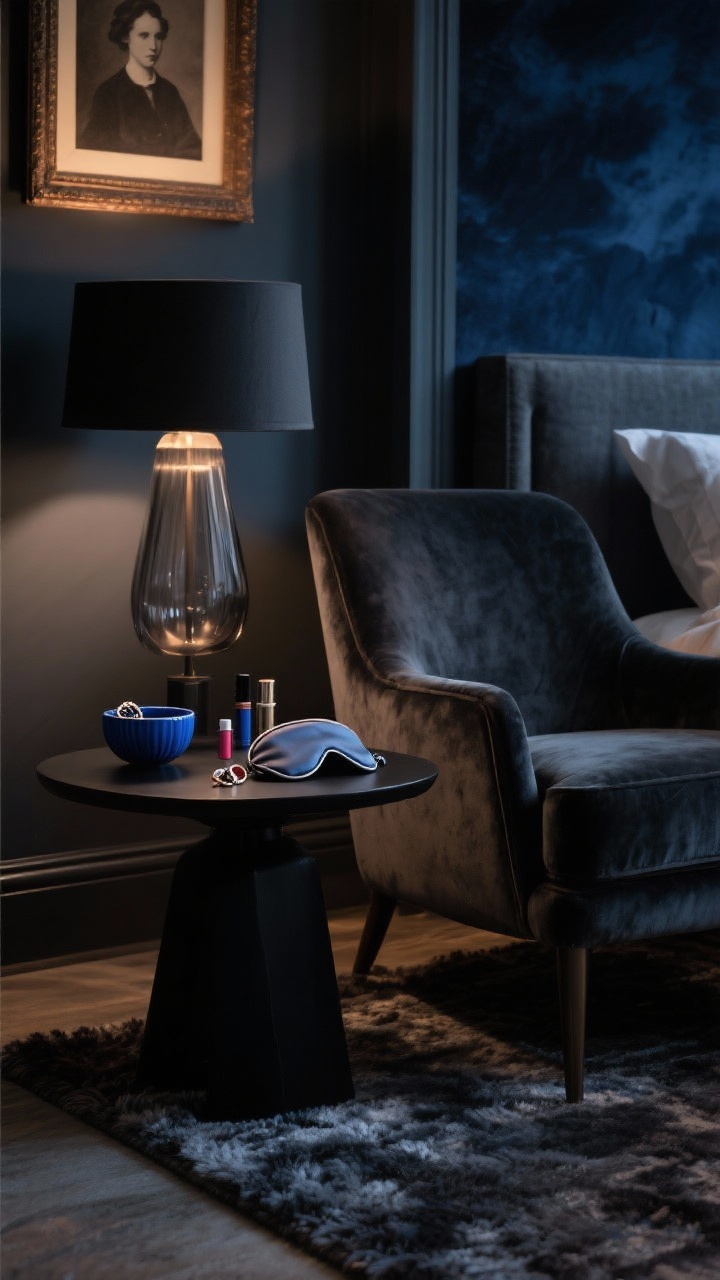 Intimate closeup of a midnight bedroom nook: charcoal velvet chair beside a matte-black side table topped with inky blue pinch bowls used as catchalls for rings, lip balm, and a sleep mask; plush rug texture visible; smoked glass lamp casting dimmable warm light; framed vintage portrait in background blur; palette of charcoal, inky blue, smoked bronze; moody, sumptuous night-sky glaze depth; low-light photorealism