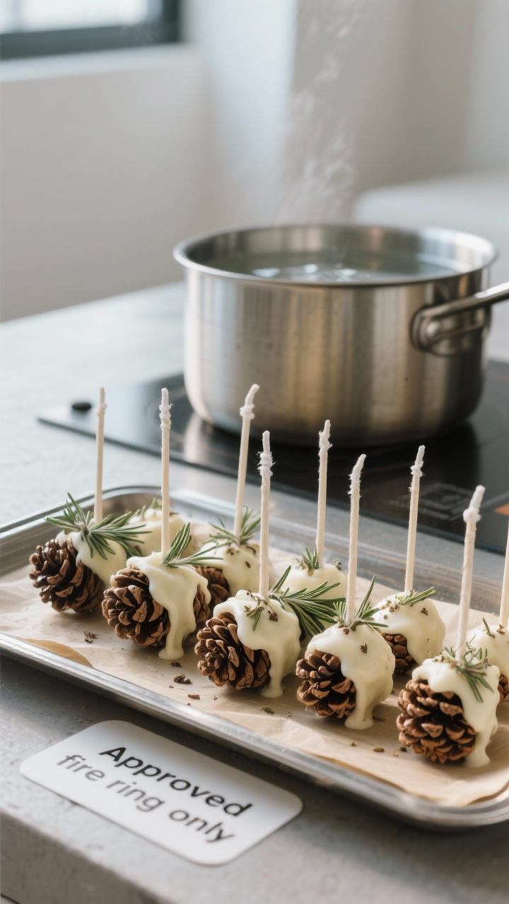 Medium shot, straight-on: A row of dry pinecones dipped in creamy wax, some sprinkled with dried rosemary, resting on parchment paper atop a metal tray; short cotton wicks tied to a few pinecones; background shows a tin can in a pot of hot water on a safe surface; cool morning light with crisp detail; signage noting “Approved fire ring only” in soft focus; no people.