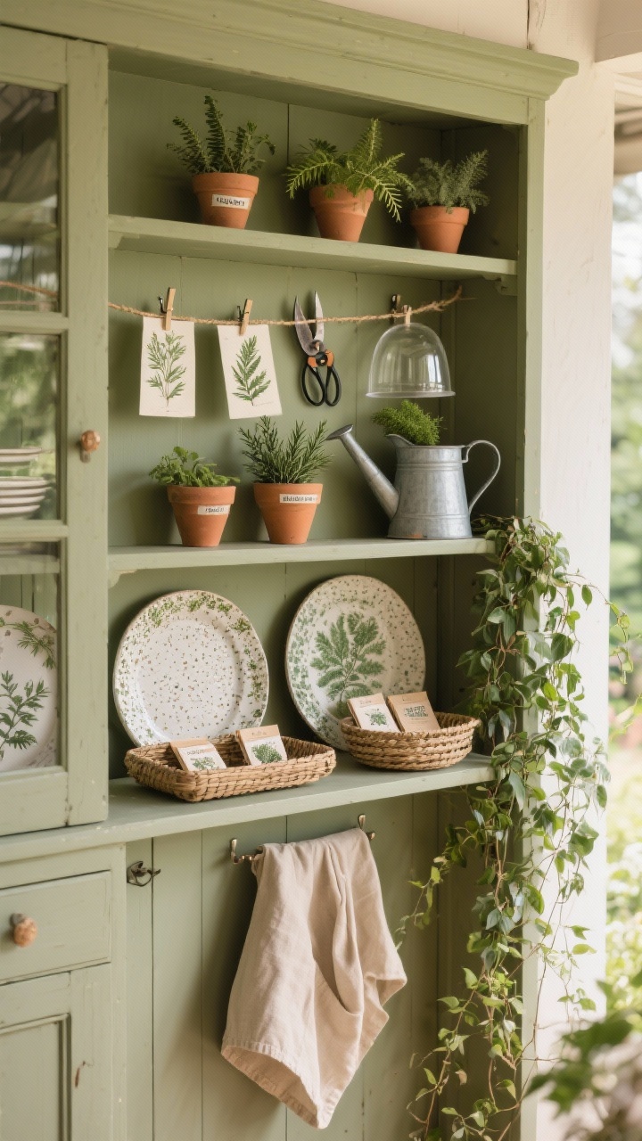 Photorealistic detail closeup of a muted olive hutch in a garden house style, earthy and botanical; shelves display terra-cotta herb pots with labeled rosemary and thyme, speckled ceramic plates, and woven trays corralling seed packets; botanical prints clipped to a twine line along the back; small hooks hold pruning shears; glass cloches covering tiny ferns; a watering can and folded canvas aprons on the lower shelf; trailing ivy cascading down one side for movement; soft natural daylight, palette of olive, moss, cream, and clay; no people.