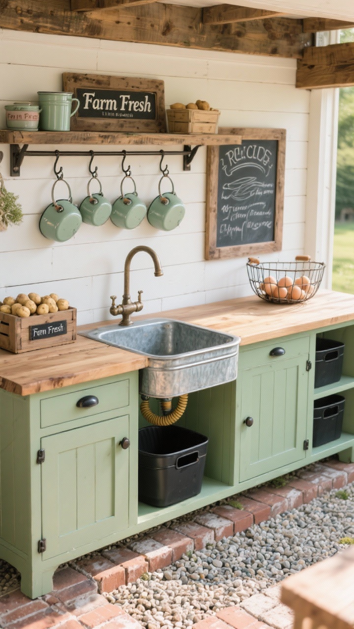 Photorealistic medium shot of a rustic farmhouse-style kids’ mud kitchen on a pea gravel patio edged with bricks, featuring a reclaimed wood base with a long butcher-block counter, a galvanized bucket sink with a vintage-style faucet connected to a hose splitter, lower cabinets painted soft sage green with black metal bin pulls, raw-wood upper shelf, white shiplap backsplash with a chalkboard recipe sign, S-hooks holding enamelware pots, mini crates labeled for potatoes, a tin “Farm Fresh” sign, and a wire egg basket; warm afternoon natural light, straight-on perspective.