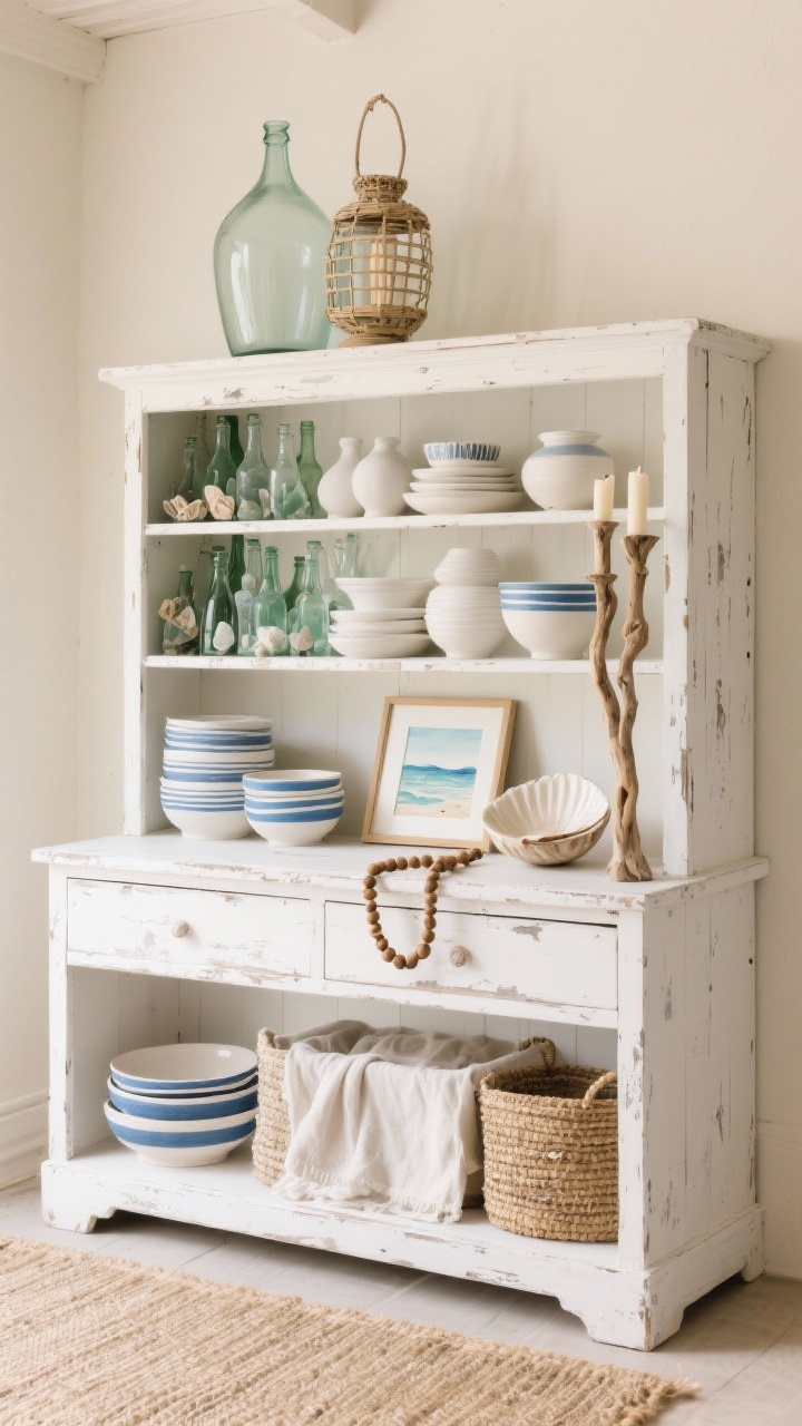 Photorealistic medium shot of a weathered white hutch against a sandy beige wall on a jute runner, styled in a calm coastal palette of white, beach glass green, and denim blue; inside, stacks of sea-glass bottles, hand-thrown white ceramics, and blue-and-white striped bowls; layered heights with tall driftwood candlesticks on one side and a squat clamshell bowl on the other; a small framed coastal watercolor leaning on the middle shelf with a strand of wooden beads draped over the frame; top styling features a large glass demijohn and a woven lantern; soft natural seaside daylight, textured linens and woven baskets visible, no people.