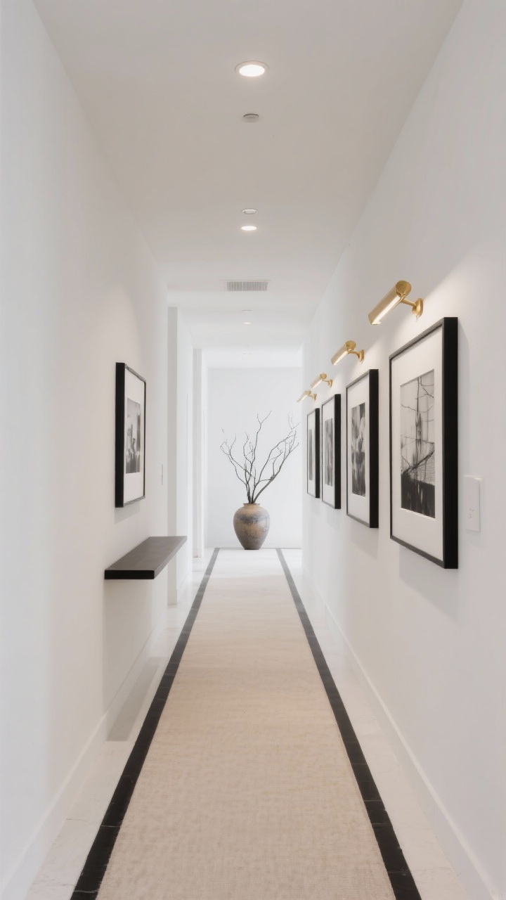 Photorealistic wide hallway shot, minimalist gallery style: a long matte-white corridor with a low-profile sandy beige runner with a black border; one wall lined with black-and-white photography in thin black frames, each topped by slimline brushed-brass picture lights casting a soft wash on the art; ceiling with discreet flush-mount micro LED discs providing gentle ambient light; a narrow console with a single ceramic vase holding sculptural branches at the far end; color palette white, black, brass, and soft beige; straight-on perspective, calm, clean lines, quiet drama, no people.