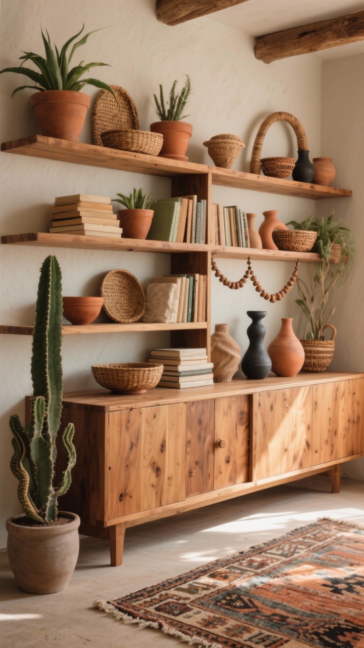 Photorealistic wide shot of a warm mango/acacia wood hutch showing natural grain, styled in desert boho tones of terracotta, sage, sand, and charcoal; shelves filled with terracotta planters, woven bowls, and raw, textural pottery in burnished clay; stacks of linen-covered books with spines turned inward; organic shapes including arched baskets, curved ceramic vases, and a hand-carved bead garland; a single sculptural cactus or snake plant in a matte pot; grounded by a vintage kilim runner at the base; soft sun-washed daylight, no people.
