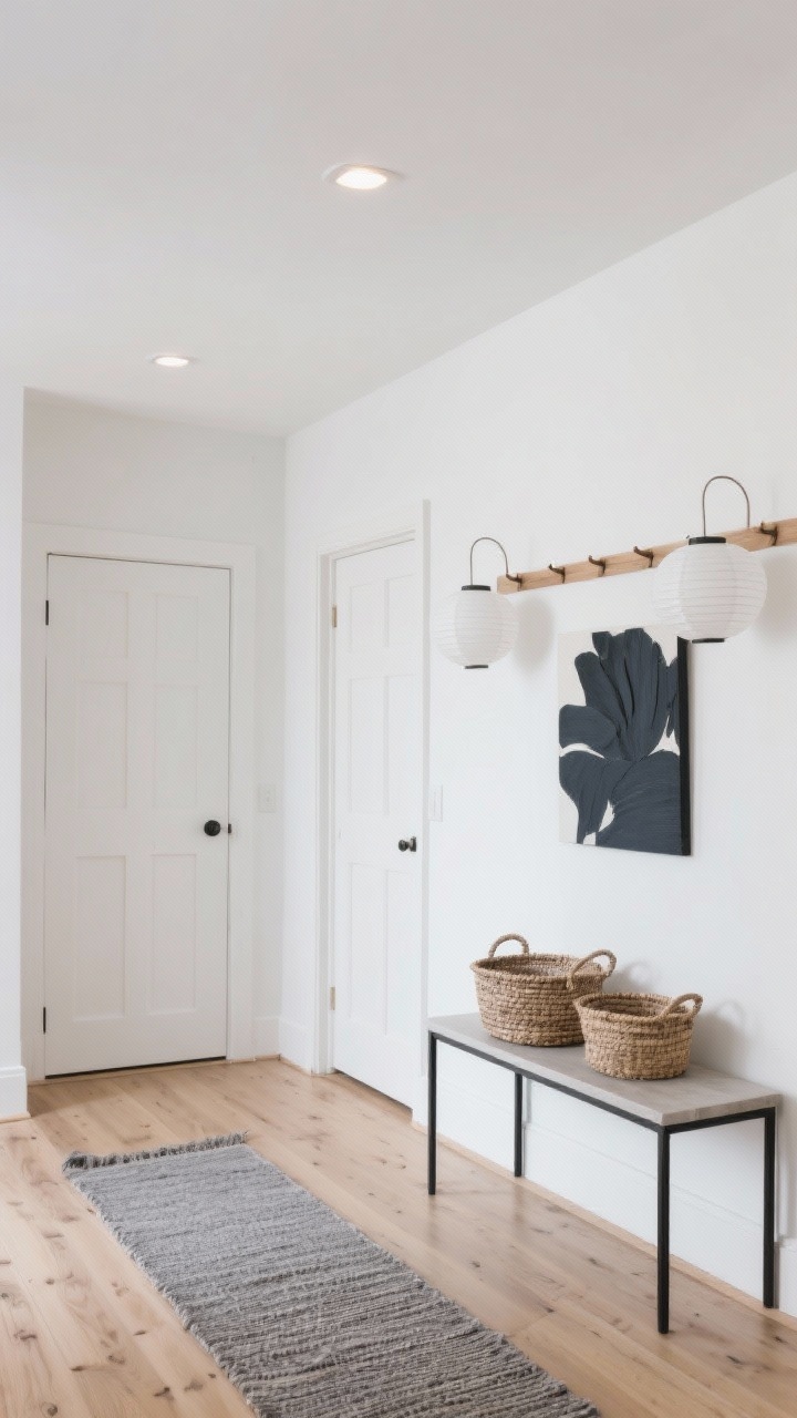 Photorealistic wide shot, Scandinavian glow: white walls, pale ash wood flooring, simple shaker doors, flat-weave gray runner; small recessed spots in the ceiling providing even illumination; two round white paper lantern pendants aligned with doorways; slim oak peg rail running the length of the wall with a couple of woven baskets tucked under a console; single charcoal abstract print; warm white 3000K lighting; quiet, balanced composition from a corner angle, no people.