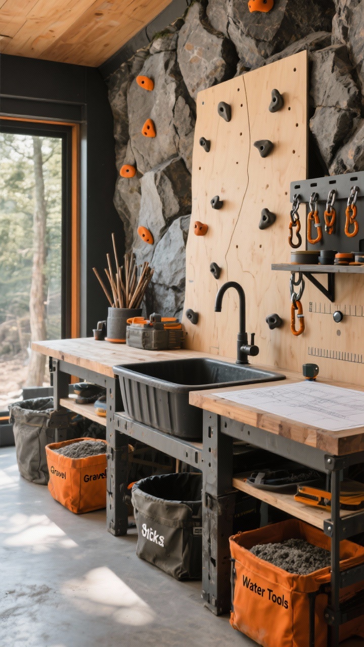 Rugged wide shot of an adventure builder mud kitchen featuring a sturdy workbench counter, large rubber mortar tub sink, and a faux rock wall backdrop (lightweight panels or painted plywood) with climbing holds mounted to one side; carabiners used as hooks, a fold-down side shelf acting as a blueprint table with ruler edge markings and a fixed level bubble; rugged totes labeled “Gravel,” “Sticks,” “Water Tools”; palette of charcoal, safety orange, and granite gray; crisp daylight, dynamic corner perspective.