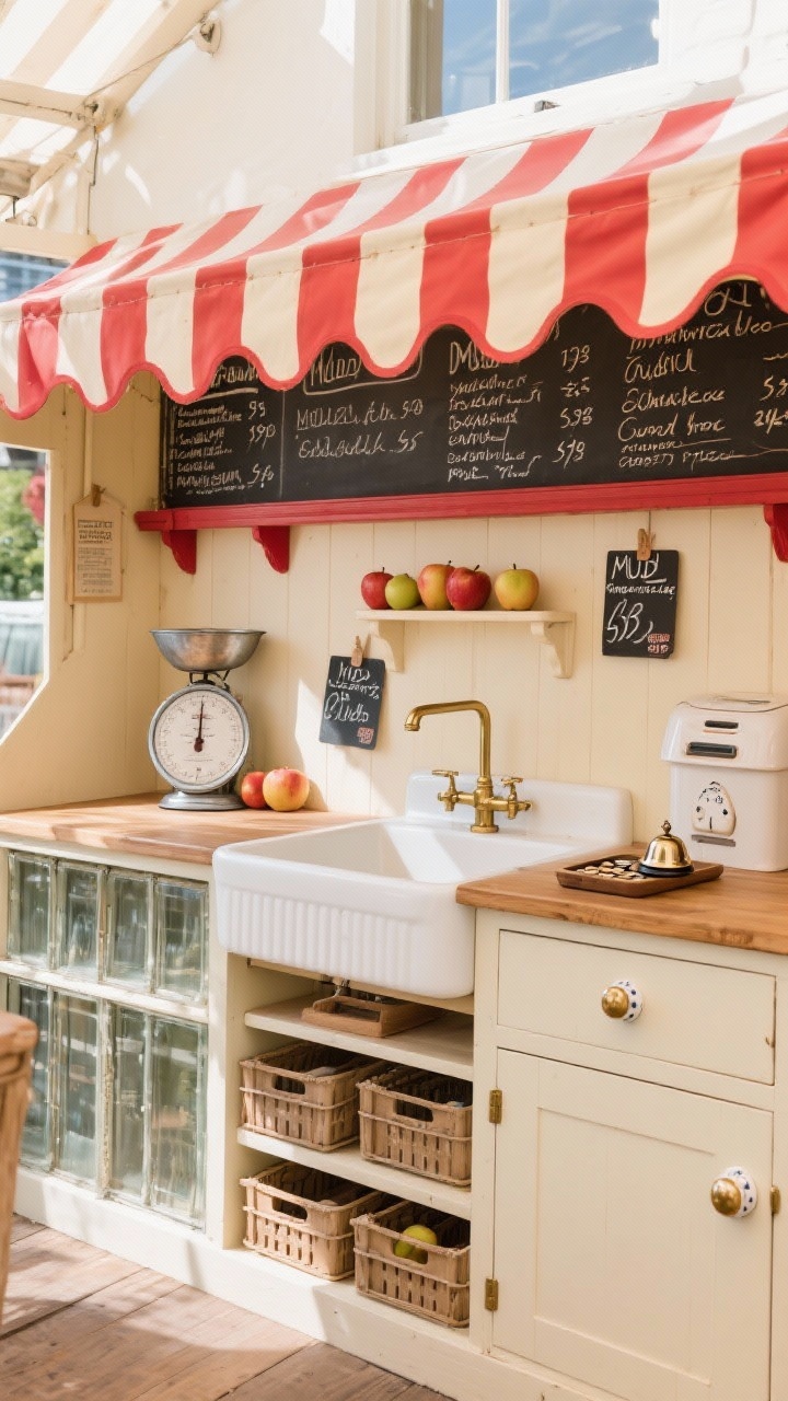 Wide, front-on shot of a vintage market stall mud kitchen featuring a red-and-cream scalloped awning over a counterfront and a chalkboard menu across the top rail; behind the counter, a double-sink station beneath open shelving of glass-front crates; decor includes tin scales, faux apples, and hand-lettered price tags; porcelain knobs and brass cup pulls on cabinetry; small bell and a coin tray for pretend pay; cheerful daylight, market-stall vibe.