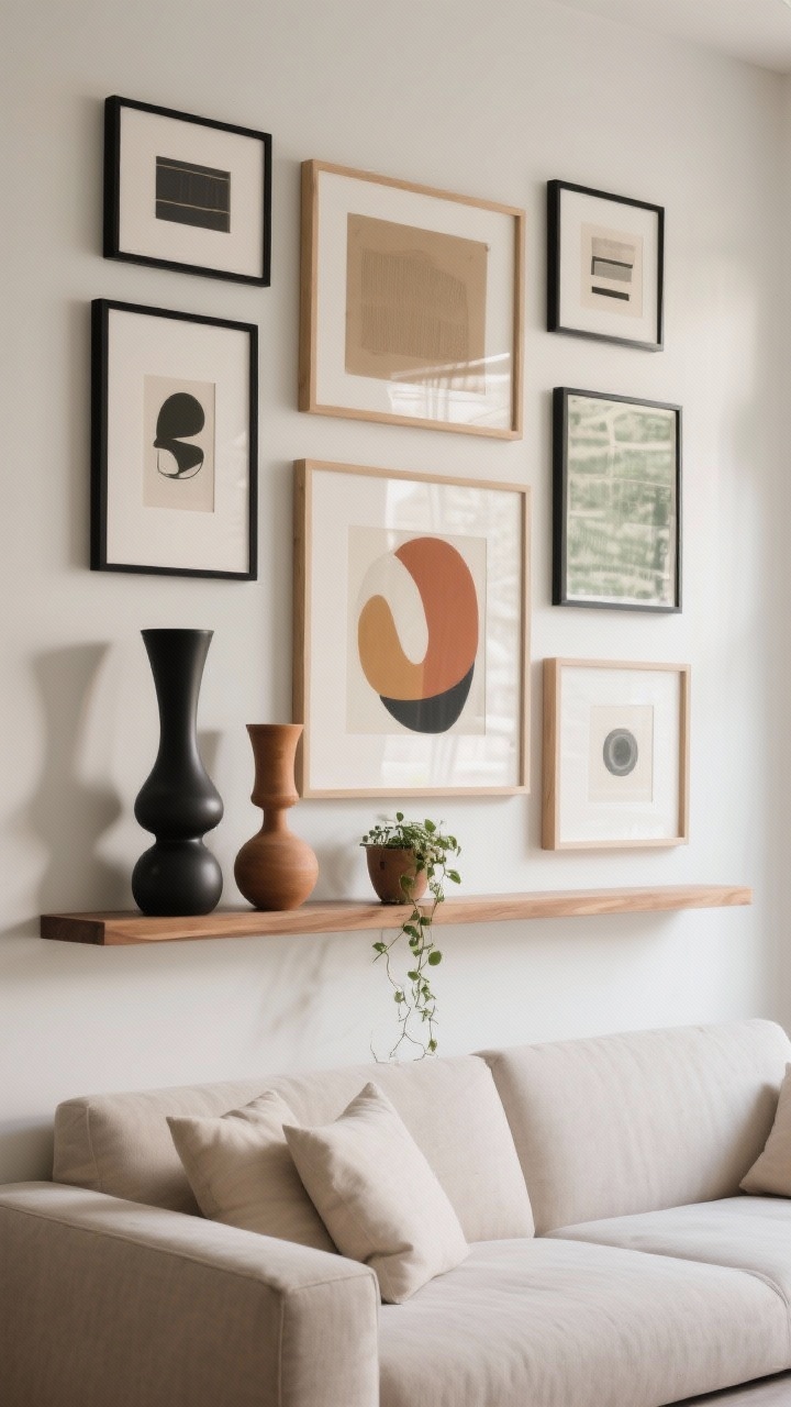 Wide shot of a gallery wall picture ledge above a sofa: layered art in various sizes with thin black metal and light oak frames; interspersed sculptural pinch forms—taller asymmetrical vessels that catch shadows—plus a tiny trailing vine in a small pot; neutrals with one accent color pulled from the art; mix of cylinders, leaning ovals, squat pots; negative space thoughtfully maintained; soft, indirect daylight; straight-on composition