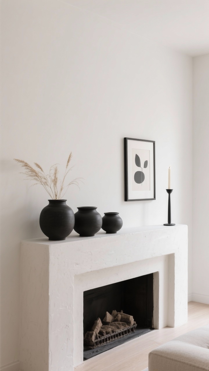 Wide straight-on living room mantel scene: a minimalist mantel with a trio of matte-black pinch pots in graduated sizes, holding sparse dried grasses or left empty for negative space; a single framed abstract print and a slim blackened-steel candleholder; white wall backdrop, quiet luxurious editorial feel; palette of black, white, whisper of beige; materials of painted plaster, matte ceramic, blackened steel; soft, diffused daylight